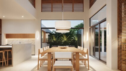 Aufkleber - A sleek dining area with a rectangular table made of light oak surrounded by simple wooden chairs set against smooth plaster walls in warm beige under a softly glowing pendant