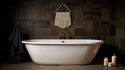 Aufkleber - A tranquil bathroom featuring a freestanding tub surrounded by neutral tiles in soft earth colors. Simple brass fixtures and a few carefully p candles contribute to the serene