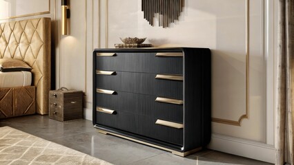 Poster - A dramatic modernist dresser with asymmetrical drawers and bold matte black finish acts as a striking statement piece in a luxurious bedroom decorated with soft gold accents and