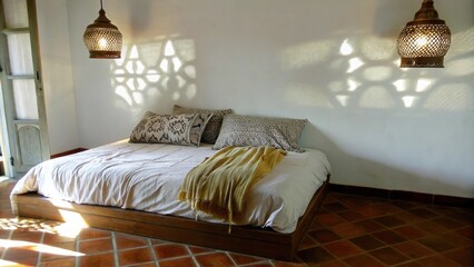 Poster - A calming bedroom space where a platform bed is draped in layers of cream and taupe linens. Moroccaninspired lanterns cast intricate shadows across the walls and a soft patterned