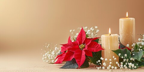 Poster - Over a pale beige setting, poinsettia blooms with gypsophila blooms and a blazing candle lovely combination for eve embellish and space, Generative AI.
