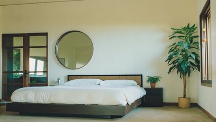 Fototapete - An airy bedroom with pure white walls showcasing a platform bed dressed in crisp linens. A large circular mirror enhances natural light while a single potted plant stands in the