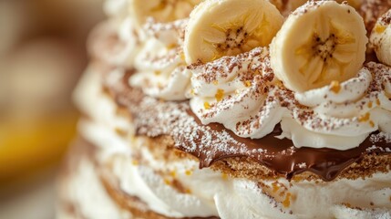 Poster - Delicious whipped egg whites and sugar marshmallow layered cake with chocolate and banana slices garnished for a tempting dessert presentation