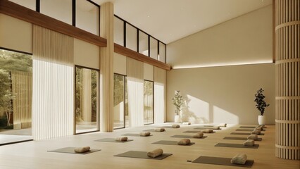 Aufkleber - A spacious yoga studio with natural light streaming through large windows illuminating a smooth wooden floor. Simple earthy mats are neatly arranged in rows and the soft muted