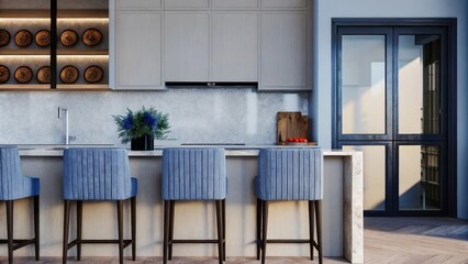 Poster - A sleek kitchen with an island made of polished stone minimalist cabinetry in muted gray and a set of highback stools. An arrangement of handpainted dishware on display pays homage