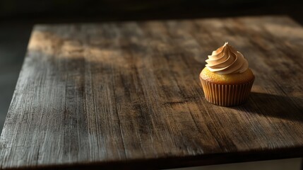 Aufkleber - Cupcake placed on rustic wooden table with natural light highlighting frosting and texture on a serene backdrop