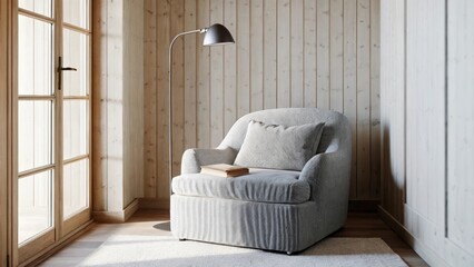Aufkleber - A cozy reading nook with a large oversized armchair in a soft gray fabric a minimalist floor lamp and a small round side table holding a single book nestled in the corner of a