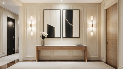 Poster - A sophisticated hallway showcases a long console table made of light wood topped with a minimalist vase featuring a single large flower. Simple wall sconces illuminate the space
