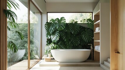 Aufkleber - A calming bathroom featuring a freestanding tub and simple wooden shelves framed by lush monstera leaves and a large window that invites gentle breezes and sunlight.