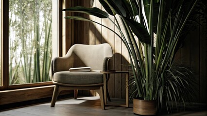 Aufkleber - A tranquil reading nook with a simplified armchair and side table surrounded by tall leafy plants and bathed in soft light from open floortoceiling windows.