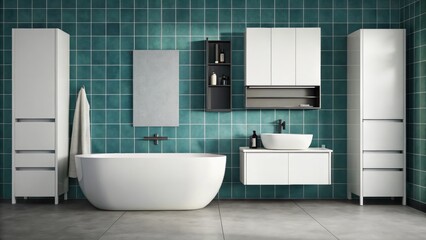 Poster - A chic bathroom features a freestanding tub in smooth ceramic complemented by a wallmounted sink and sleek storage with a minimalist design. Bright turquoise tiles create a bold