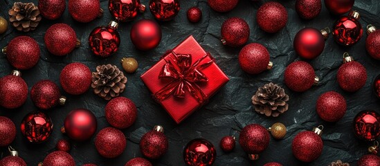 Aufkleber - Red Christmas present box surrounded by red ornaments and pine cones on a textured black stone background viewed from above