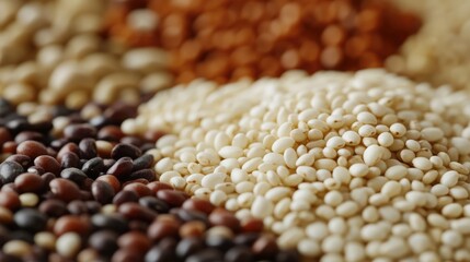 Poster - Closeup of white sesame seeds surrounded by a variety of colorful legumes on a rustic wooden table background