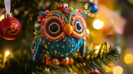 Aufkleber - Colorful owl ornament on a Christmas tree surrounded by festive lights and decorations showcasing holiday spirit and cheer.