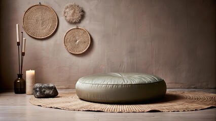 Poster - A peaceful meditation area featuring a low round cushion on a soft natural fiber mat. Simple wall hangings made from organic materials create a calming backdrop with a small altar
