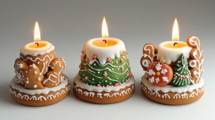 Poster - Gingerbread candles with festive designs lit up for Christmas celebration on a white background