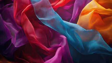 Fototapete - Colorful translucent fabric streamers overlapping in an abstract pattern creating a vibrant and dynamic background design.