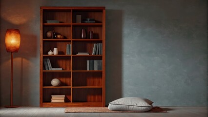 Aufkleber - A peaceful reading nook with a large unfinished wood bookshelf filled with sp decor. A simple oversized cushion sits on the floor and a single raw stone lamp provides warm light in