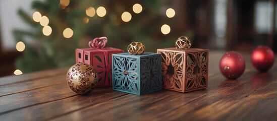 Poster - Festive gift boxes with decorative ornaments on a wooden table creating a warm holiday ambiance with blurred lights in the background