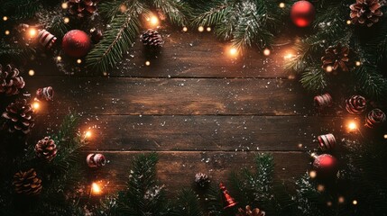 Aufkleber - Festive Christmas table setting with decorations and pine branches creating a cozy holiday ambiance on a rustic wooden background.