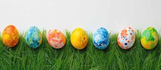Poster - Vibrant hand-painted Easter eggs arranged on artificial green grass for a festive spring decoration theme