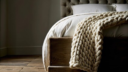 Poster - A cozy bedroom with a plush upholstered headboard and a chunky knit throw blanket laid atop a rustic wooden bed frame. The smooth linens and the rough texture of the wool enhance