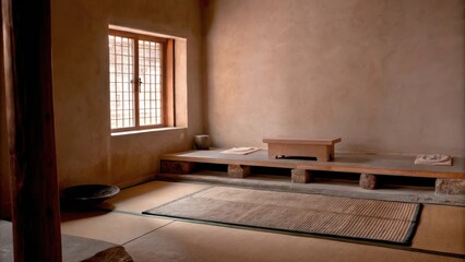 Aufkleber - A quiet meditation room with minimal furnishings comprising a simple woven mat a low wooden shelf and an unrefined stone altar. Natural light spills in through a large window