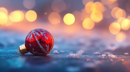 Poster - Red Christmas ornament on a snowy surface with blurred warm bokeh lights creating a festive holiday atmosphere.