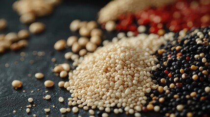 Poster - Variety of legumes and seeds including white sesame arranged artistically on a dark tabletop background for culinary presentation or packaging use