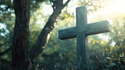 Aufkleber - Wooden cross in serene natural setting symbolizing hope and faith with sunlight filtering through trees in the background.