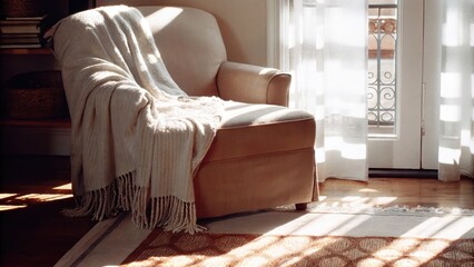Poster - A cozy reading nook with a plush cotton throw draped over an overstuffed armchair set on a soft handknotted wool rug while sunlight filters through flowing linen drapes.