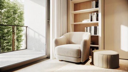 Aufkleber - A cozy reading nook featuring a large cloudlike armchair in brushed linen positioned by a floortoceiling window. A slender white bookshelf displays a curated selection of books and