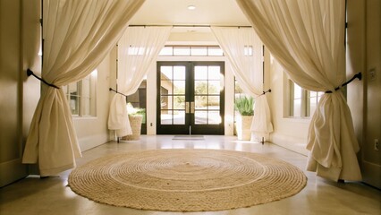 Poster - A serene entryway with a large round jute rug welcoming guests while billowing linen curtains frame the doorway softly illuminating the space with natural light.