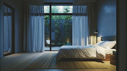 Aufkleber - An airy bedroom adorned with a textured bamboo rug beneath a crisp white bedspread accented by light grey linen curtains framing a view of a tranquil outdoor garden.