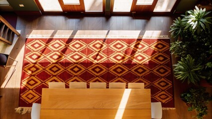 Poster - A sunlit dining area with a sleek light wood table surrounded by simple unadorned chairs anchored by a vibrant tribalpatterned rug in rich reds and earthy yellows adding warmth and