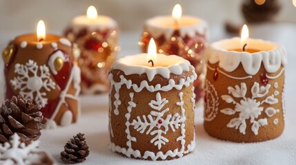 Poster - Christmas themed gingerbread candles with festive decor lit on a white surface surrounded by pinecones and holiday elements.