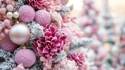 Poster - Pink decorated Christmas tree adorned with ornaments and flowers in a cozy winter setting celebrating the festive season