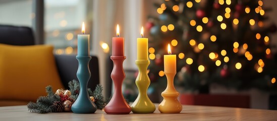 Poster - Colorful Christmas candlesticks with lit candles on a table adorned with festive decorations and a blurred Christmas tree in the background
