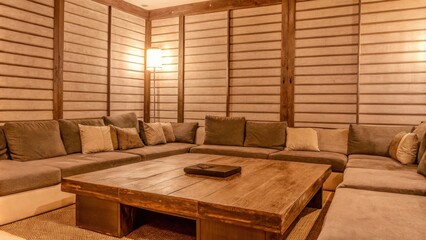 Poster - A family room with a large weathered wood coffee table at its center surrounded by sectional seating and a feature wall clad in horizontal wooden slats that add warmth and texture