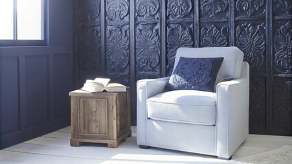 Aufkleber - A tranquil reading nook with a cozy armchair upholstered in neutral fabric set beside a wall of intricately carved wooden panels and a small side table crafted from reclaimed wood
