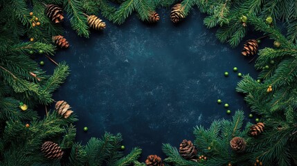 Poster - Christmas tree branches with pine cones and holiday decorations on a dark textured background for festive seasonal designs