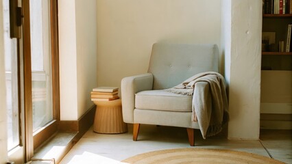 Aufkleber - A cozy reading nook nestled in a corner of a spacious room featuring a light gray armchair and a small circular side table. Natural light streams in from a nearby window