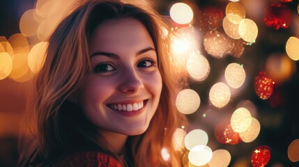 Poster - Smiling woman surrounded by colorful bokeh Christmas tree lights at home during festive holiday season