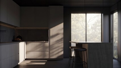 Poster - A sleek kitchen with white cabinetry and a polished concrete island. Natural light streams through an oversized window creating delicate patterns of light and shadow on the smooth