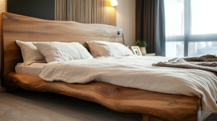 Poster - Elegant close up of a handcrafted wooden bed in a modern bedroom interior with soft linens and natural light highlighting its design
