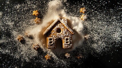 Aufkleber - Traditional gingerbread house cookie on dark surface with powdered sugar and festive decorations creating a cozy holiday atmosphere