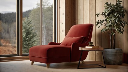 Poster - A cozy reading nook featuring a lowbacked minimalist armchair positioned next to a wide window that invites sunlight and the sounds of nature accented by a few thoughtfully p