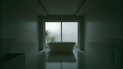 Poster - A minimalist bathroom with a freestanding tub and a single large window. Light dances on the glossy tiles casting serene shadows that mirror the simplicity of the furnishings.