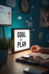 Aufkleber - A male hand holds a light box containing text on a desk in a home office while surrounded by goal and plan concepts._00001_