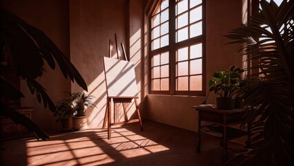 Aufkleber - An elegant studio space with an easel surrounded by natural materials. Bright light filters through multiple windows creating varied shadow play on the canvas and enhancing the